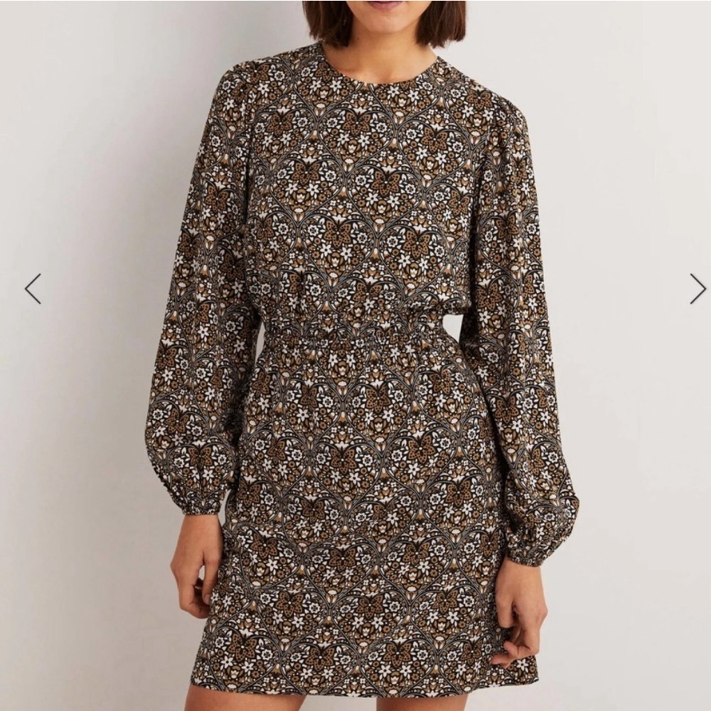Boden Smocked Waist Floral Long-Sleeve Mini Dress - Brown/Black